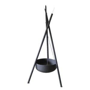 Brasero suspendu sur trépied en acier noir